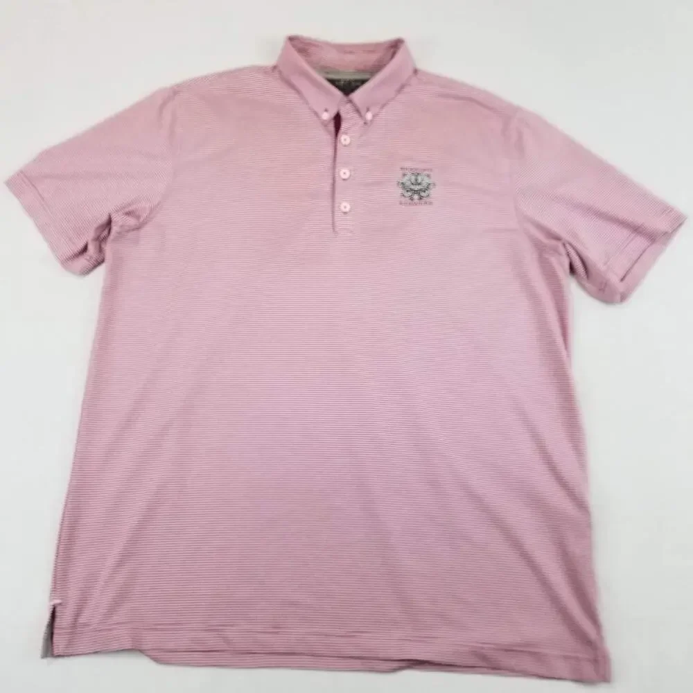 Adidas Polo Shirt Mens Large Pink Striped Whistling Straits Golf Shirt